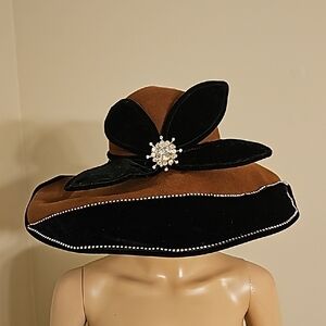 Elegant Black And BrownVelvet Hat with Floral Detail
